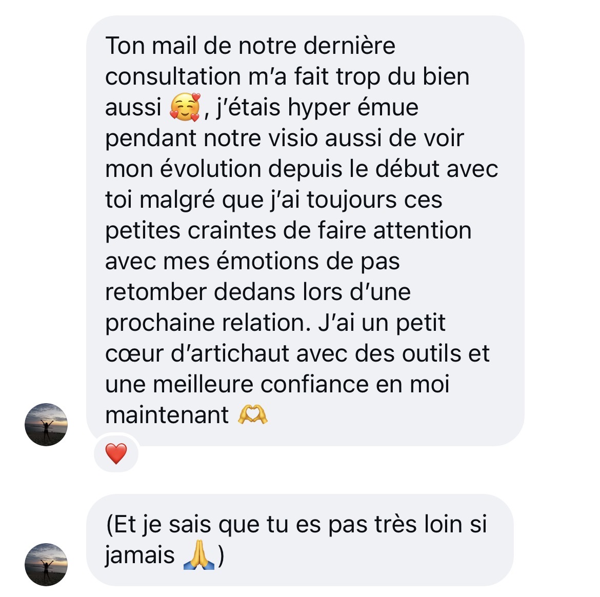 Ton mail de notre dernière consultation m'a fait trop du bien, j'étais hyper émue pendant notre visio de voir mon évolution depuis le début avec toi. J'ai un petit cœur d'artichaut avec des outils et une meilleure confiance en moi maintenant.