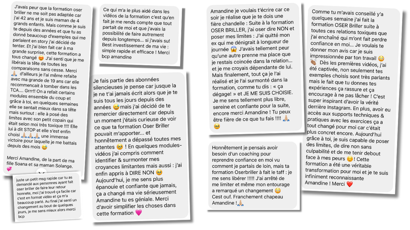 Captures de messages de femmes ayant suivi la formation Oser Briller