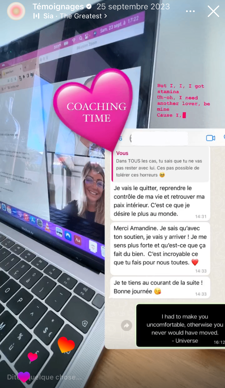 Je vais le quitter, reprendre le contrôle de ma vie et retrouver ma paix intérieure. Merci Amandine, je sais qu'avec ton soutien je vais y arriver. C'est incroyable ce que tu fais pour nous toutes.