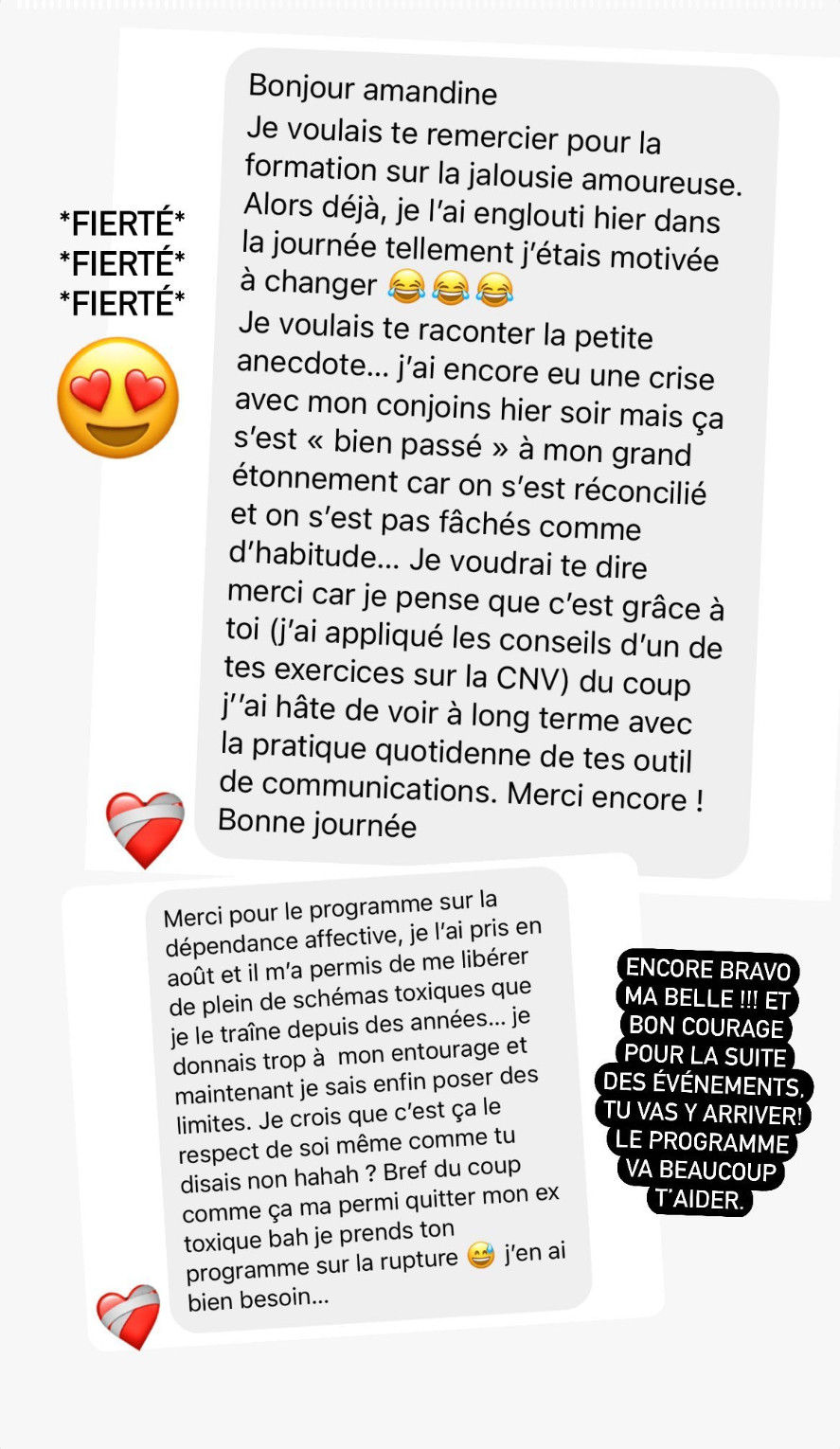 Merci pour le programme sur la dépendance affective : j'ai pu me libérer de plein de schémas toxiques que je traîne depuis des années. Je sais enfin poser des limites.