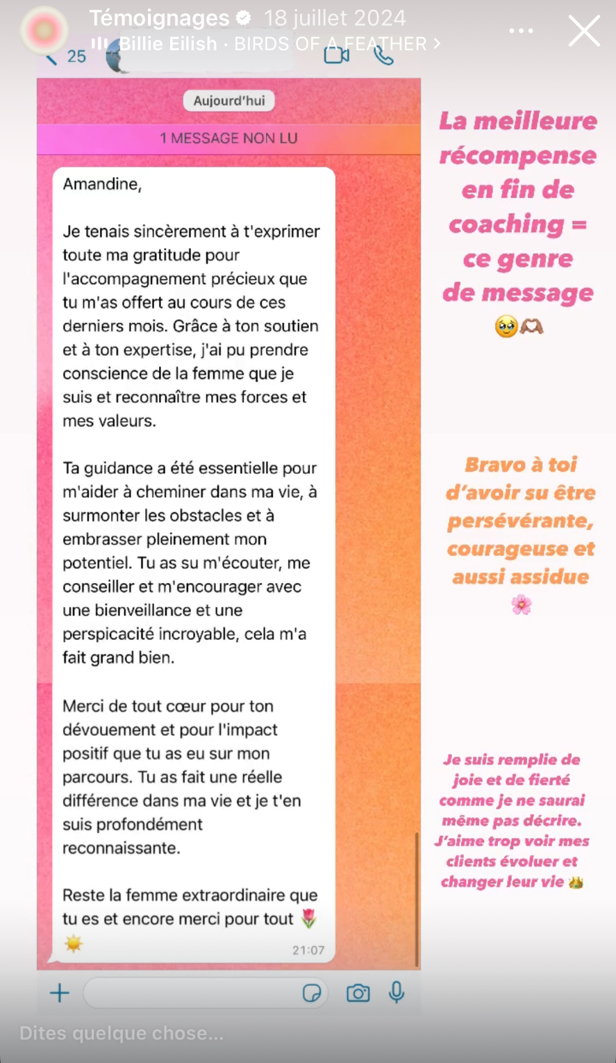 Toute ma gratitude pour l'accompagnement précieux. Grâce à ton soutien et ton expertise, j'ai pris conscience de la femme que je suis. Tu as fait une réelle différence dans ma vie.