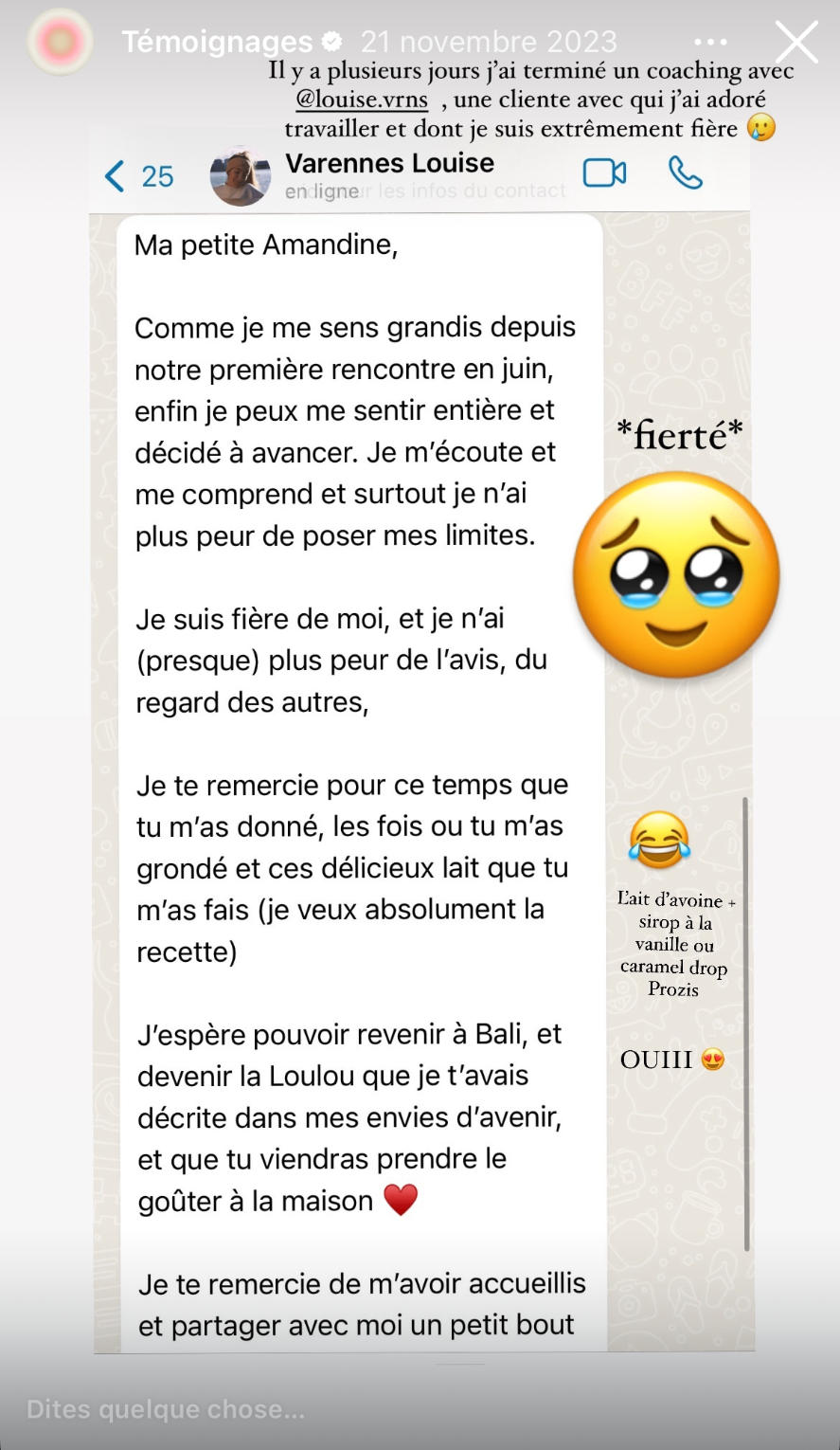 Comme je me sens grandie depuis notre première rencontre en juin. Enfin je peux me sentir entière et décidée à avancer. Je suis fière de moi et je n'ai (presque) plus peur du regard des autres.